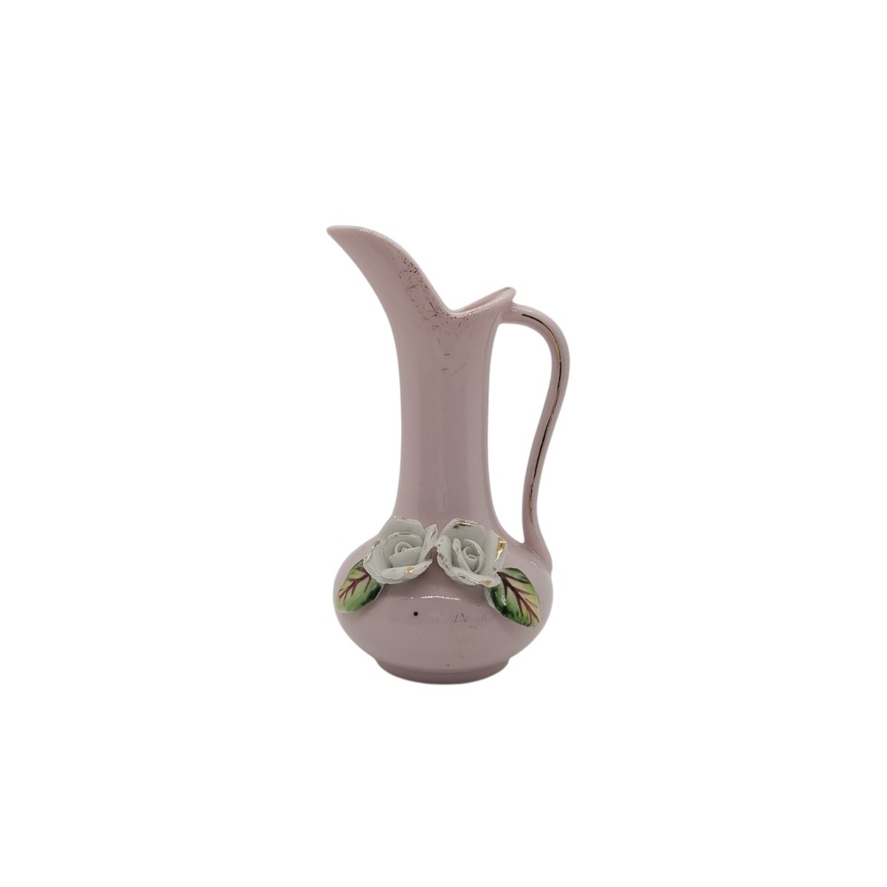 Vintage Betson Hand Painted Pink Ceramic Rose Bud Vase Pitcher Gold Trim 4.5"